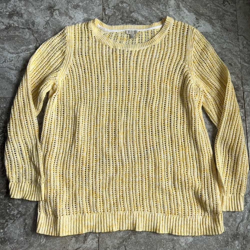 Talbots Women’s Yellow Open Knit Cotton Pullover Sweater, Crew Neck XL